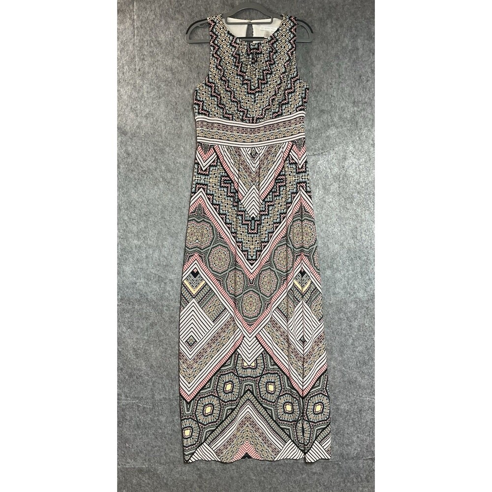 London Times Dress Women 8 Geometric Maxi Sundress Stretch Vacation Coastal Boho